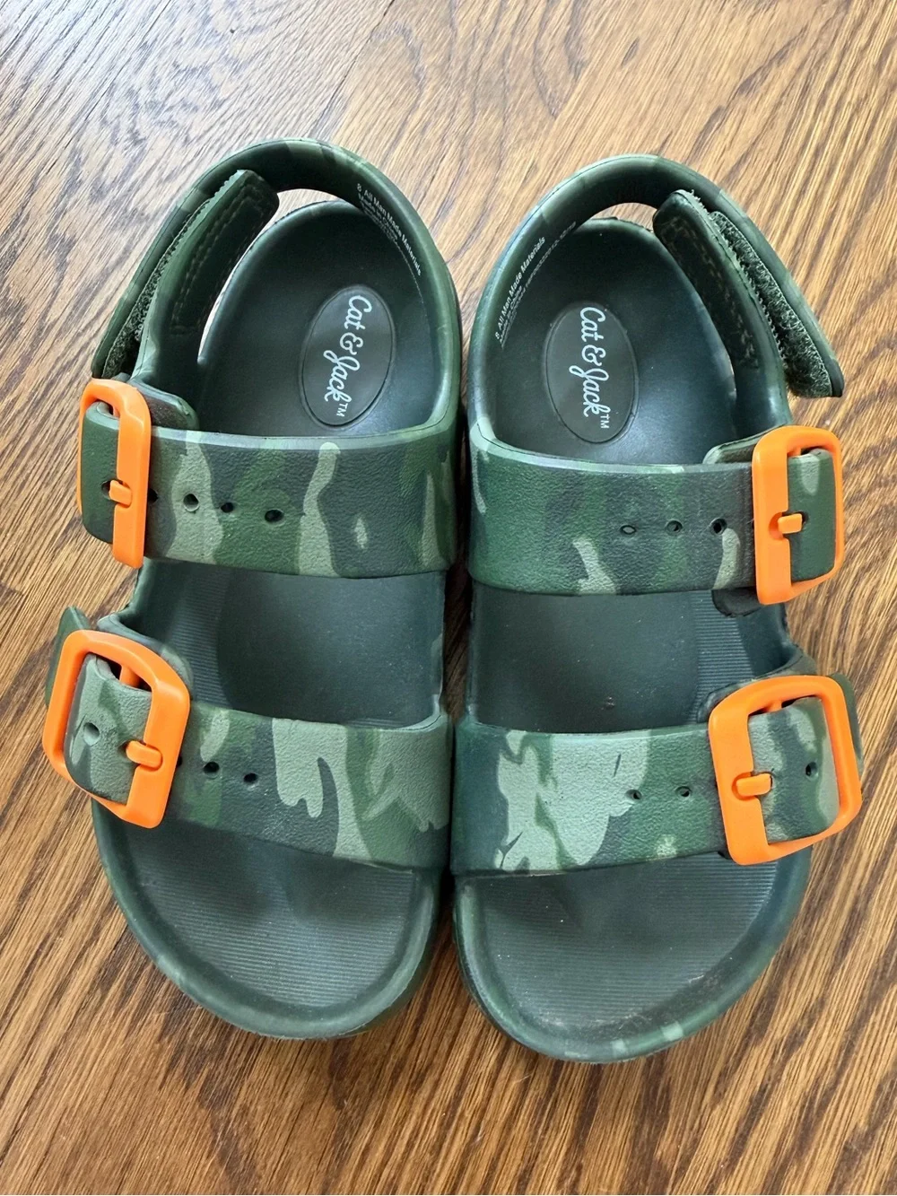 Cat & Jack Green Camo Sandals with Orange Buckles, toddler size 8